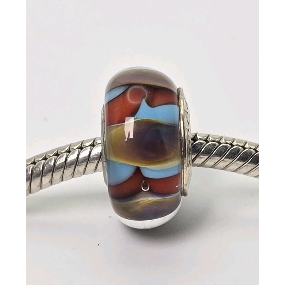 Chamilia Murano Glass Bead Charm Sterling Silver 925 Blue Brown Swirl Retired
